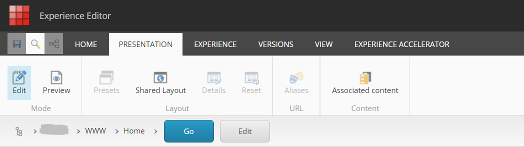 Screenshot of Sitecore SXA Content Editor Presentation tab