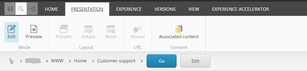 Screenshot of Sitecore SXA Content Editor Presentation tab