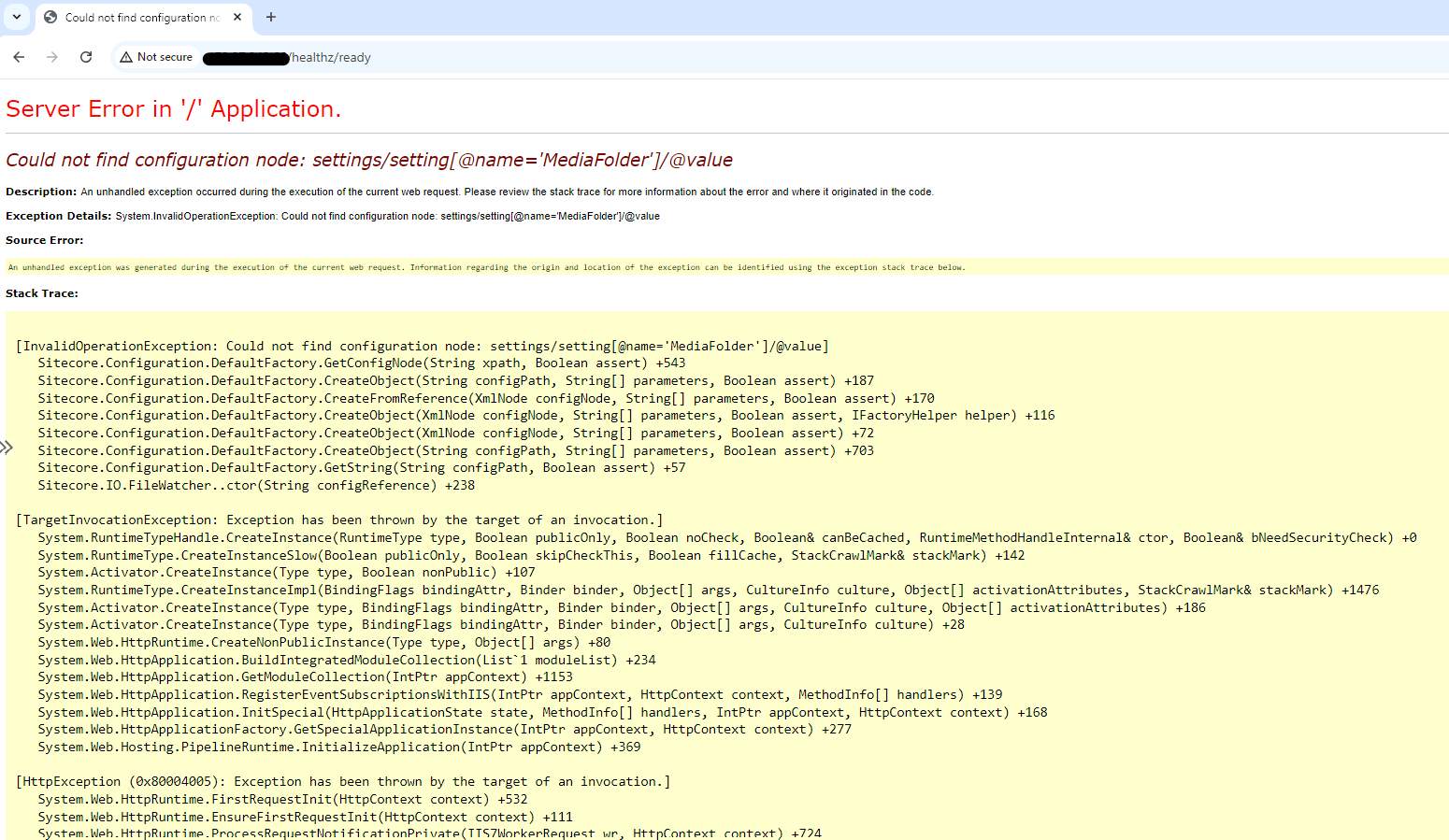 Screenshot showing Server error in application page