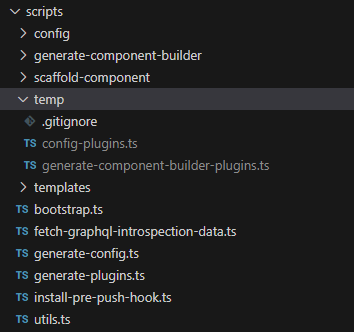 Screenshot showing the structure of scripts and temp folders in a Sitecore JSS project.