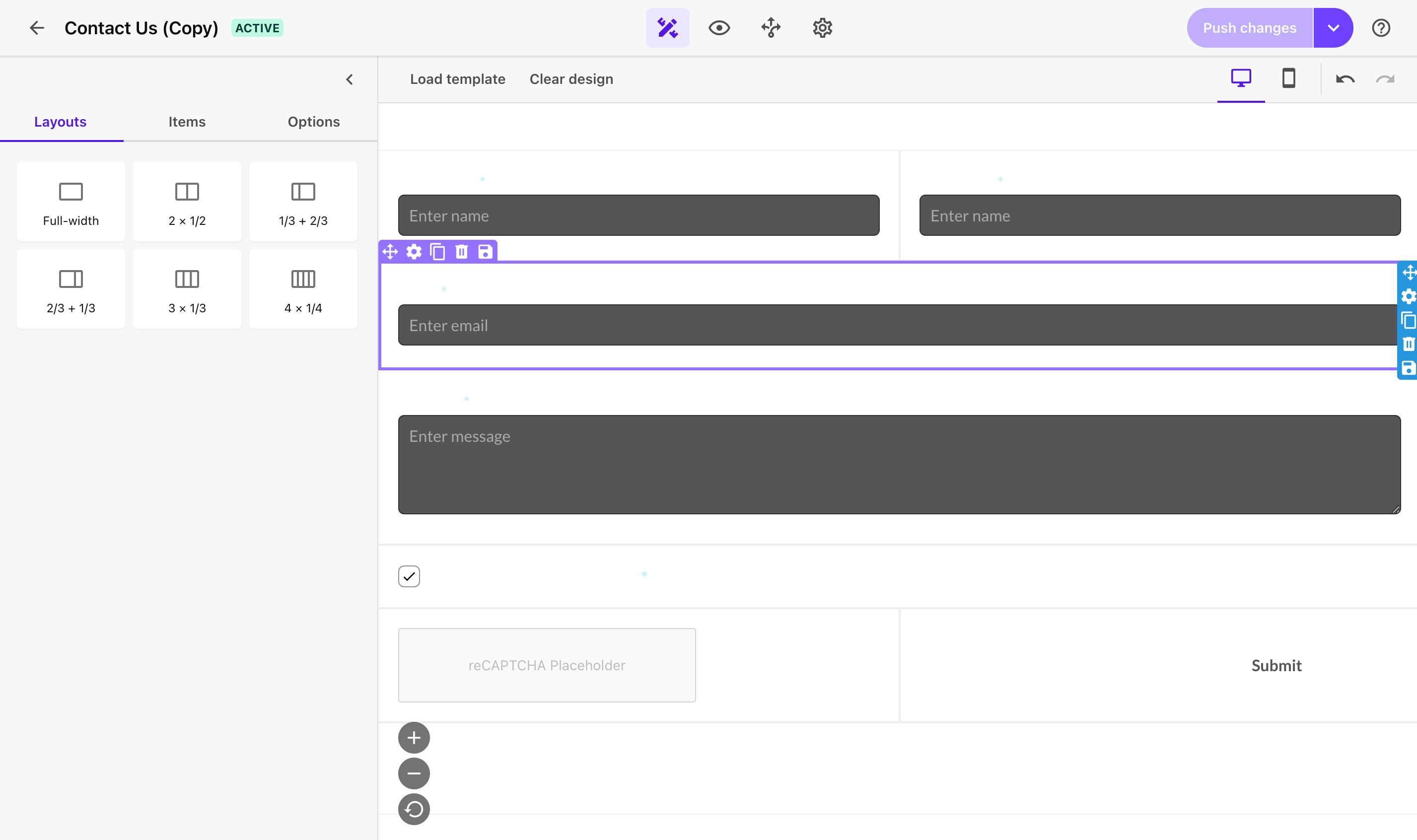 Editing a contact form layout with drag-and-drop options.