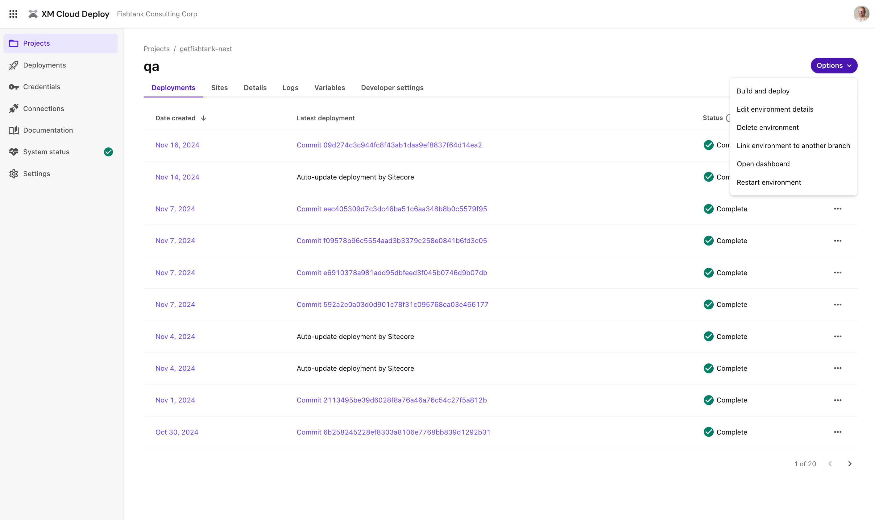 Deployment history and options in Sitecore XM Cloud environment.