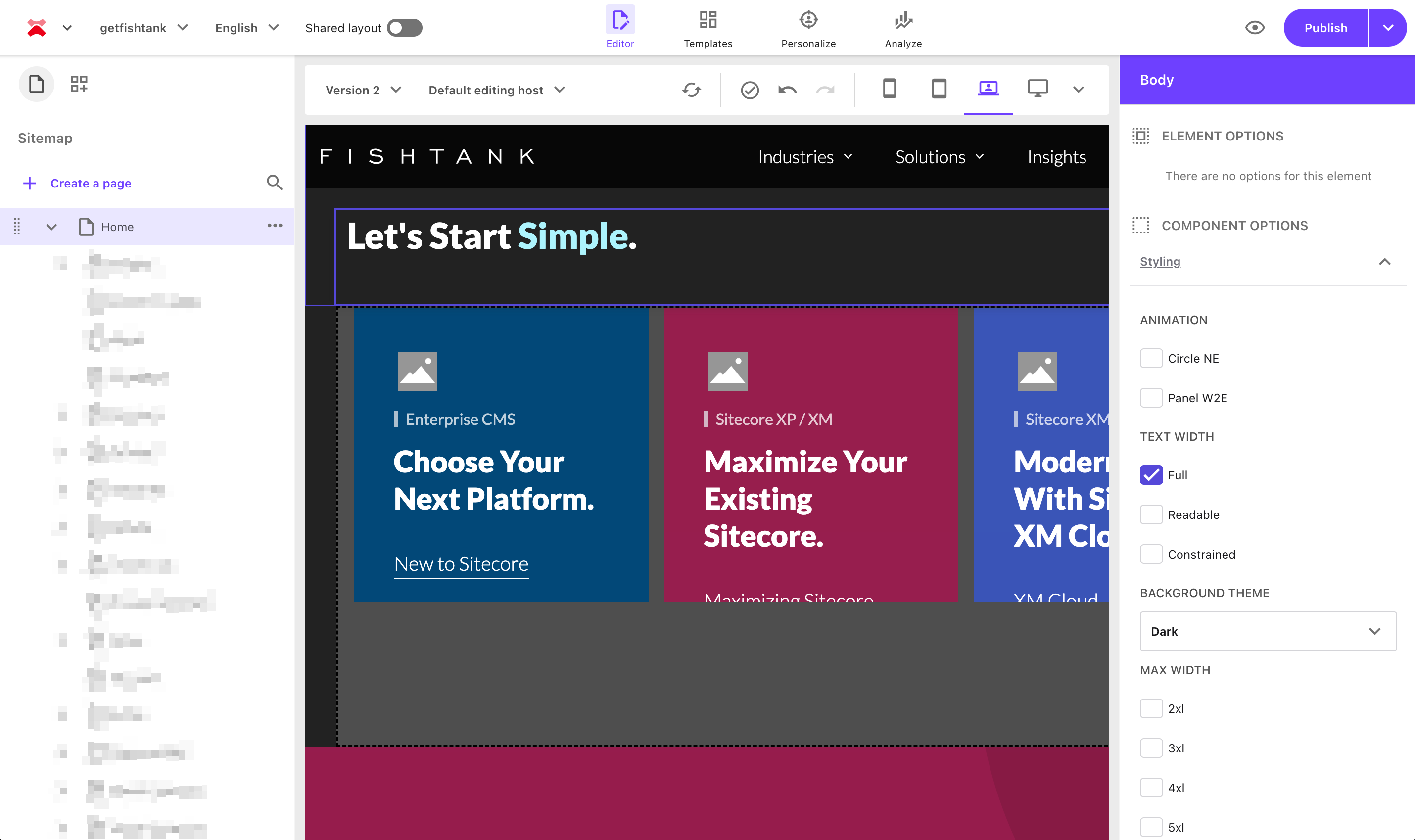 Designing a homepage layout with modular Sitecore XM Cloud components.