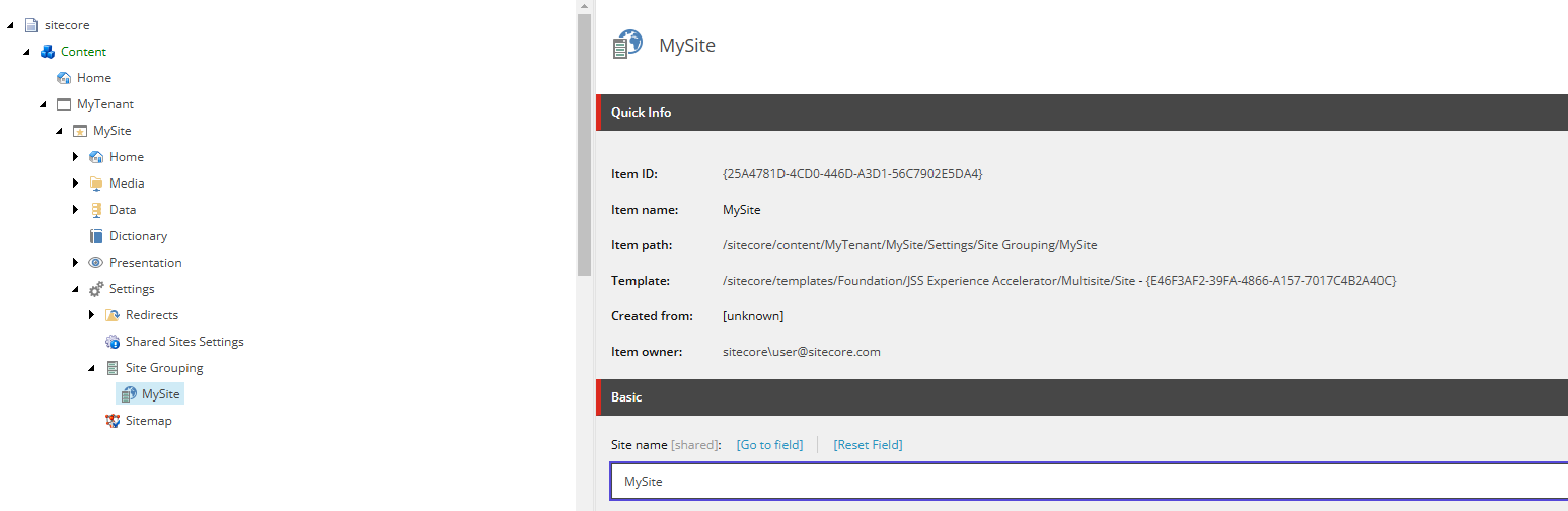 Screenshot of the Site Setup content in the Sitecore XM Cloud CM Editor