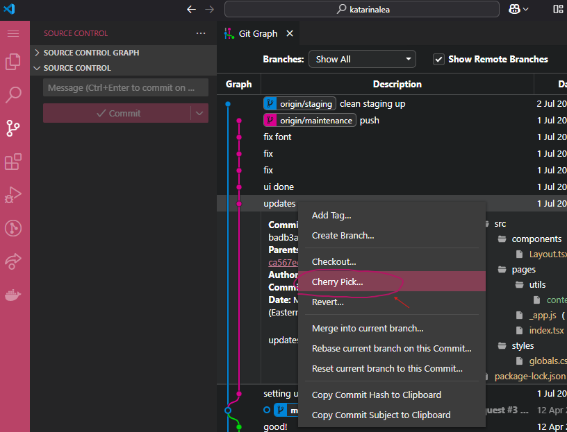 Screenshot of VSCode Git Graph Showing How to Access Cherry-Pick