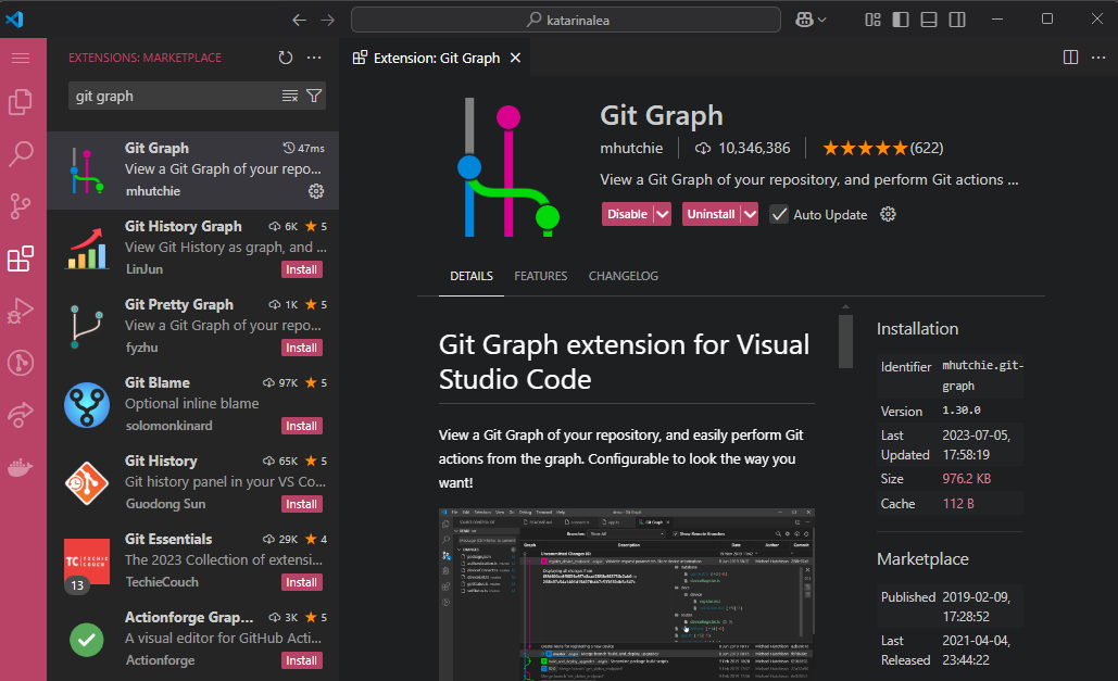 Screenshot of VSCode Showing Git Graph Extension Installation