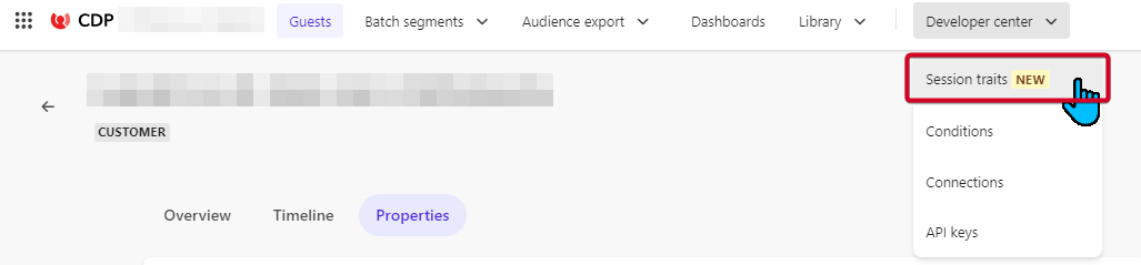 Developer Center menu with "Session traits" highlighted as a new option.