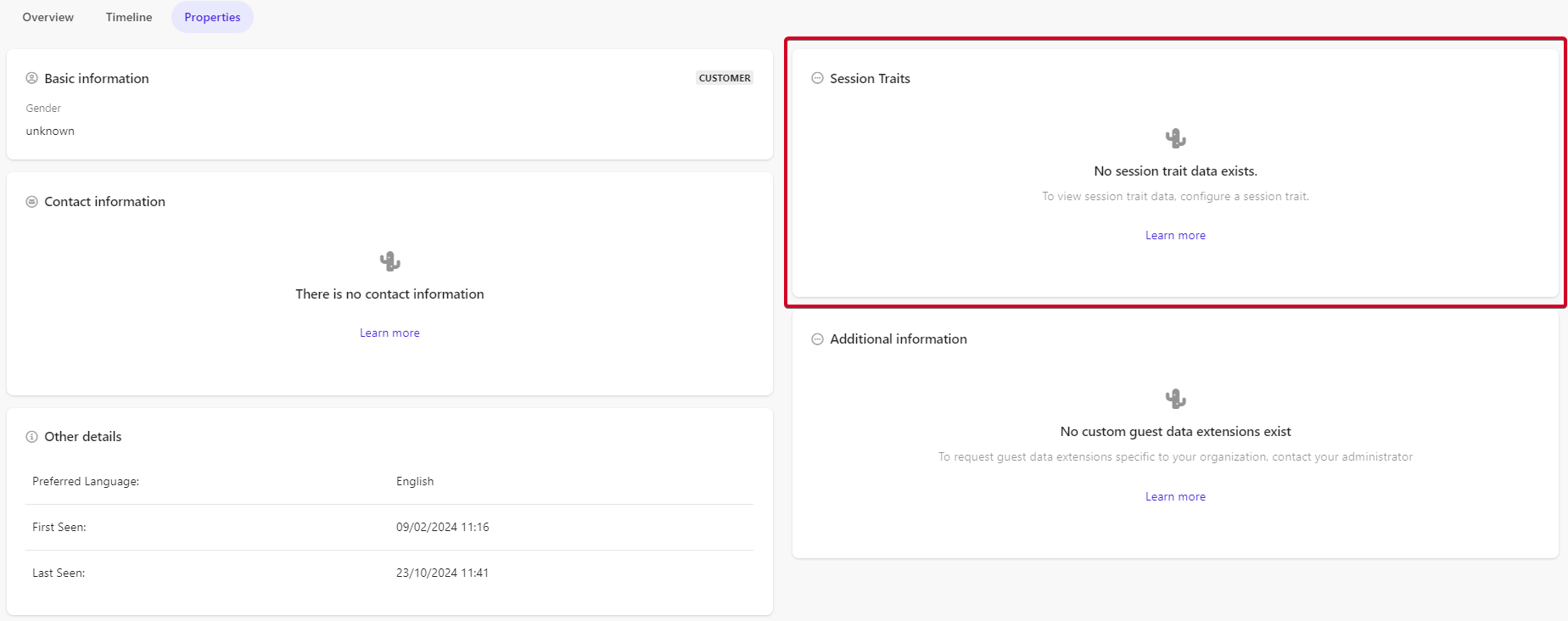 Screen showing customer properties with empty fields for session traits, contact information, and additional information.