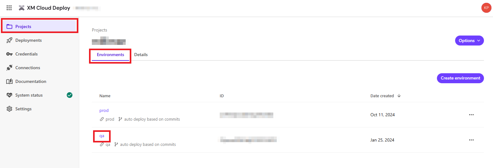 Screenshot of Sitecore XM Cloud Deploy app environment