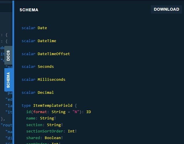 Screenshot of the Sitecore XM Cloud GraphQL schema panel