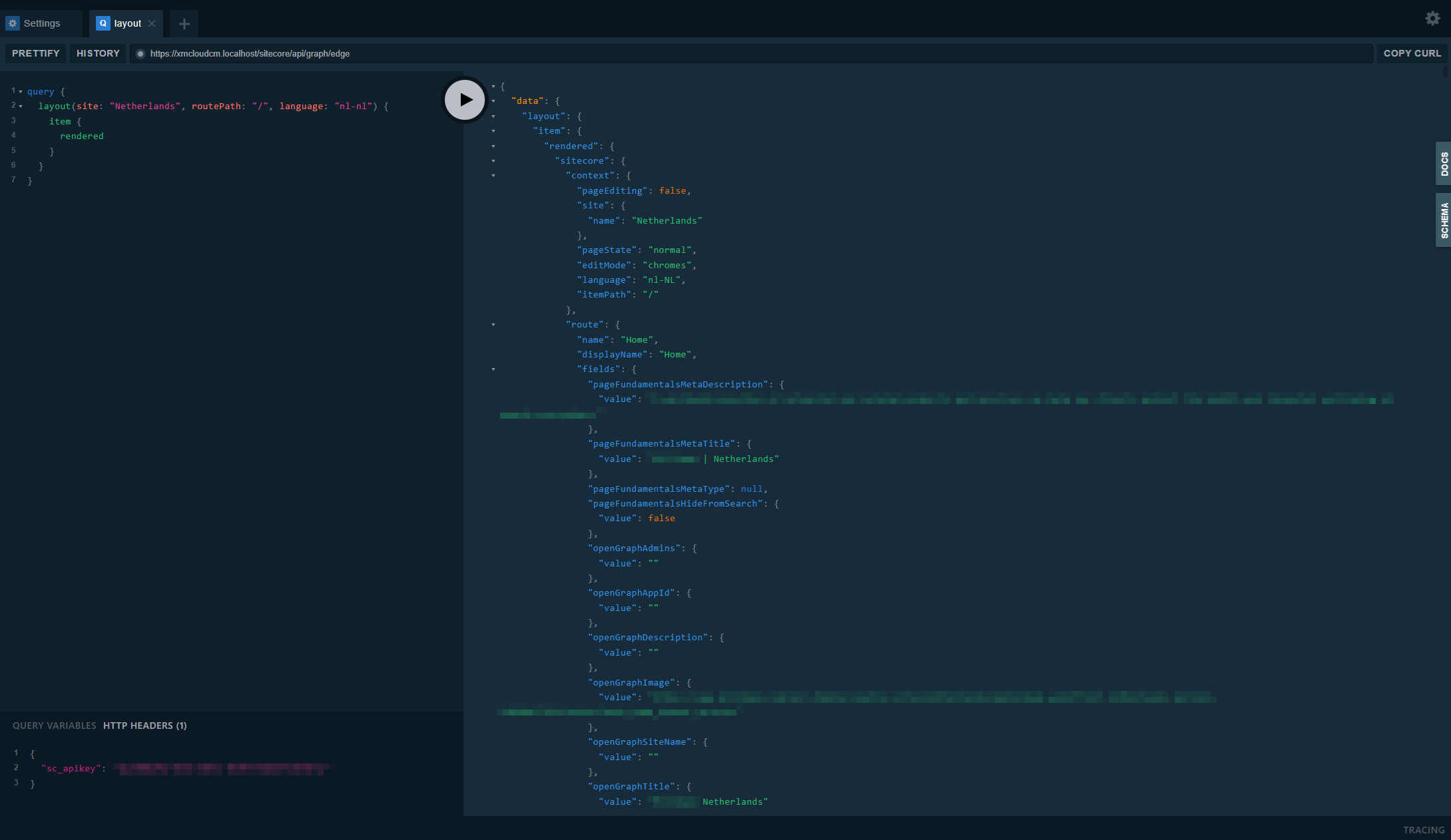 Screenshot of the Sitecore XM Cloud GraphQL IDE showing a layout query