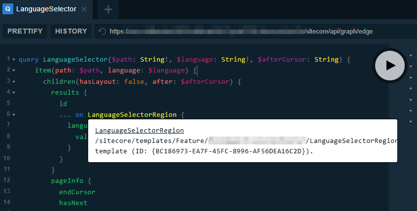 Screenshot of the language selector tooltip in the Sitecore XM Cloud GraphQL IDE