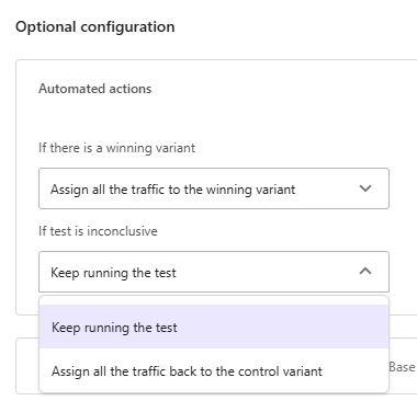 Screenshot of automated actions to choose if tests are inconclusive in Sitecore XM Cloud