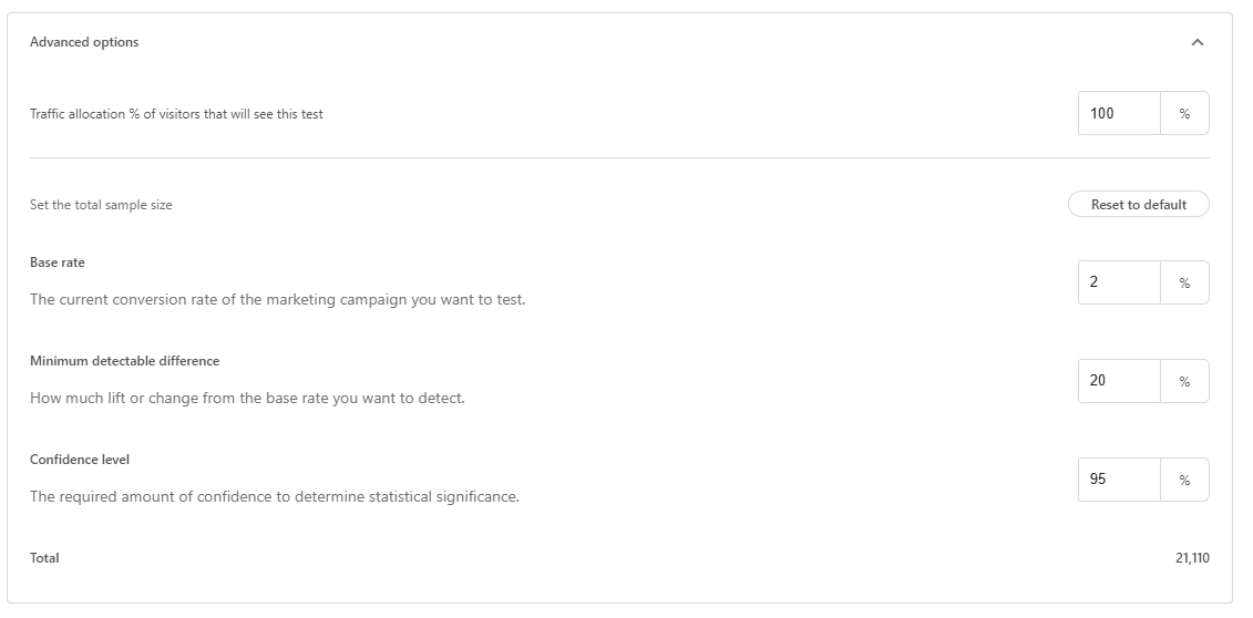 Screenshot of advanced options for traffic allocation in Sitecore XM Cloud