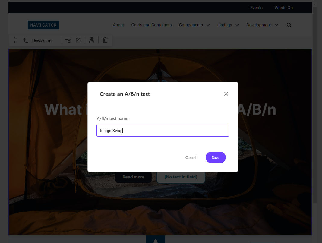 Screenshot of new window prompting to name your test in Sitecore Xm Cloud