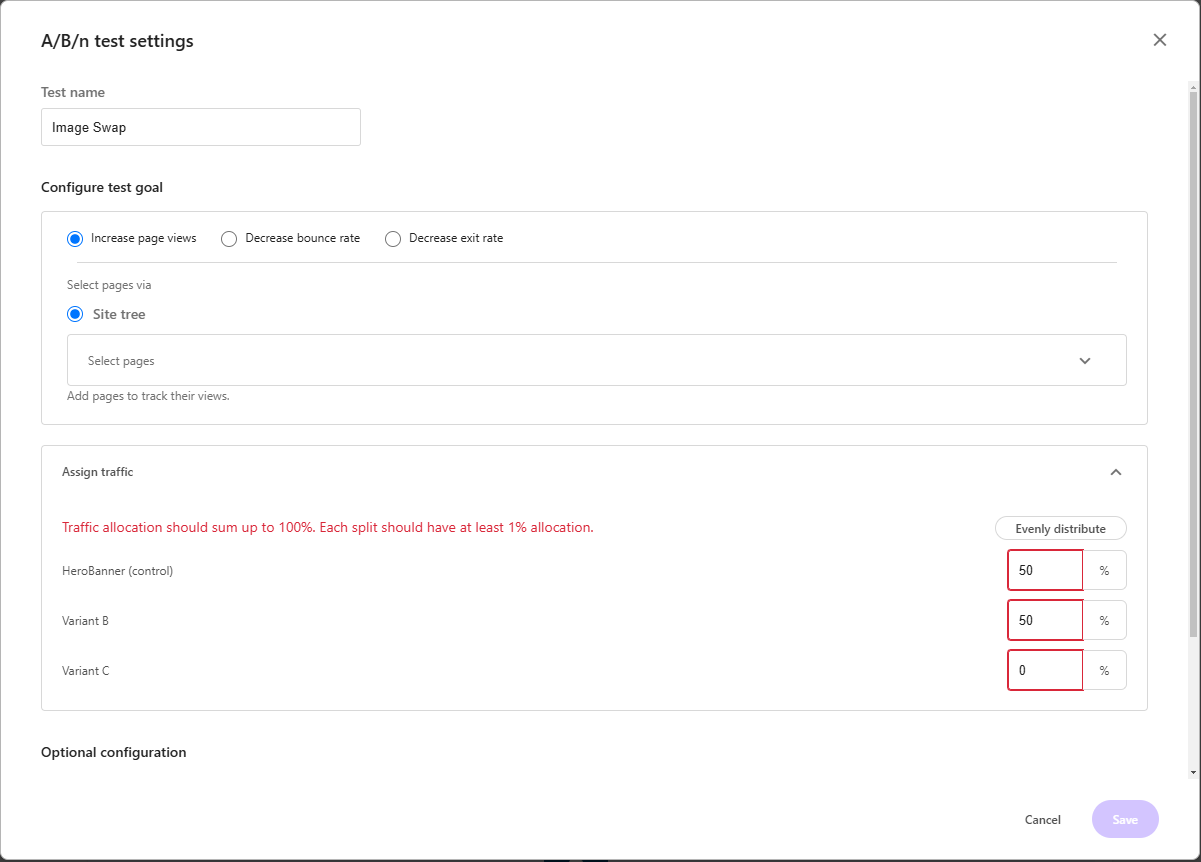 Screenshot of A/B/n test settings in Sitecore XM Cloud