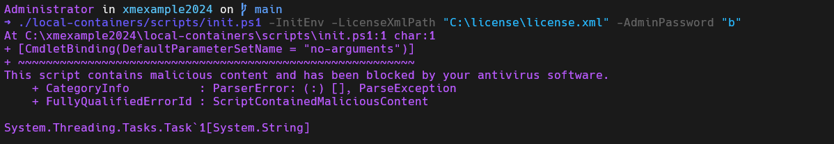 Terminal output showing a PowerShell script blocked by antivirus software due to perceived malicious content.