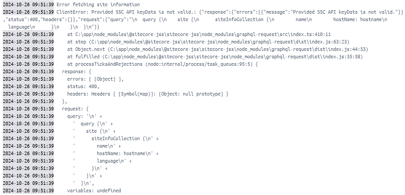 Error log showing a 400 status for an invalid SSC API key in a Sitecore GraphQL query response.