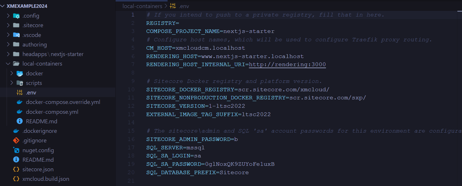 Screenshot of a .env file showing Sitecore environment variables configuration, including Docker registry settings and database credentials.