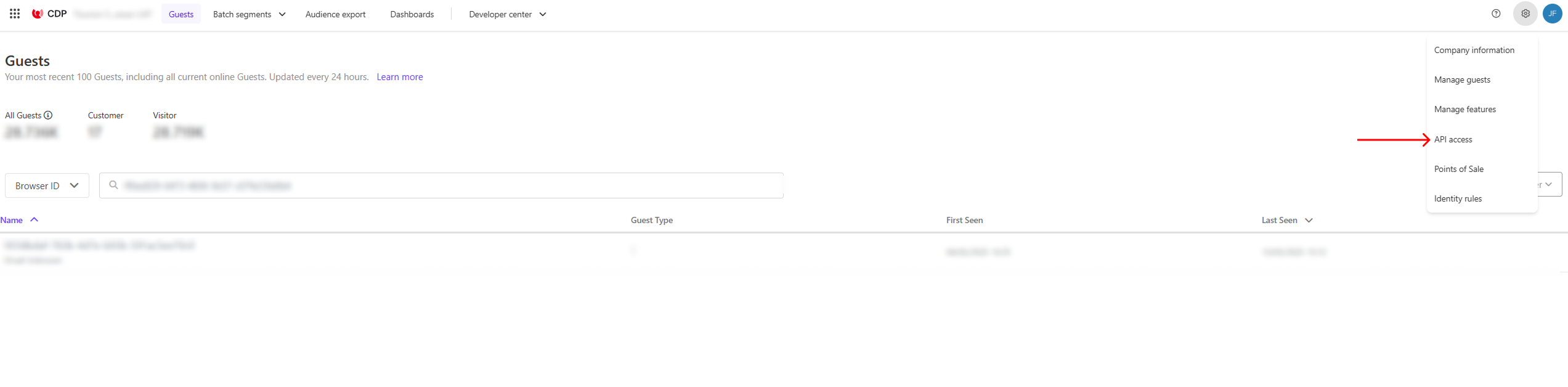 CDP Guests screen with settings menu expanded, highlighting the 'API access' option