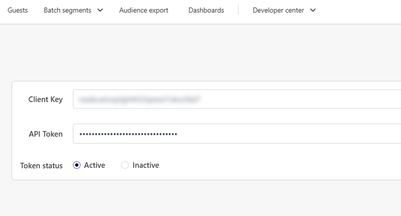 CDP API settings screen showing client key, masked API token, and token status set to active