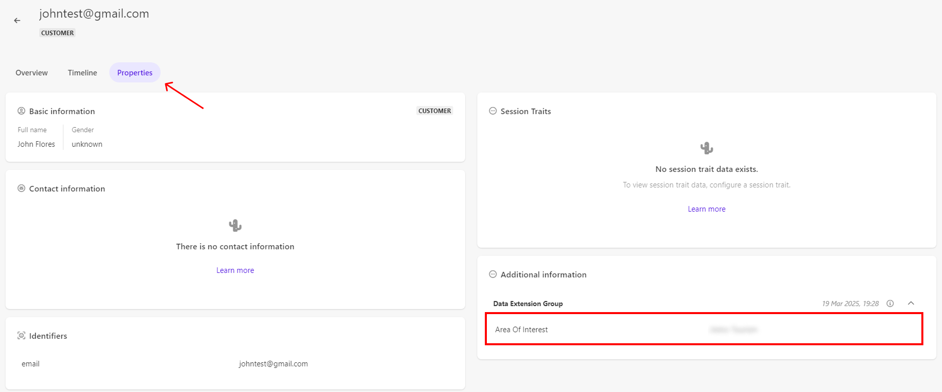 CDP guest profile properties view showing basic info, identifiers, and area of interest under data extension group