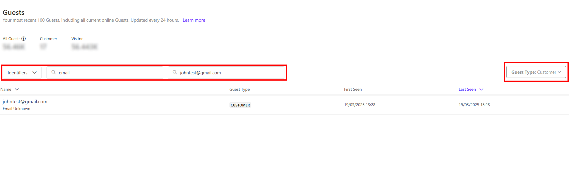 CDP guest search filtered by email and customer type