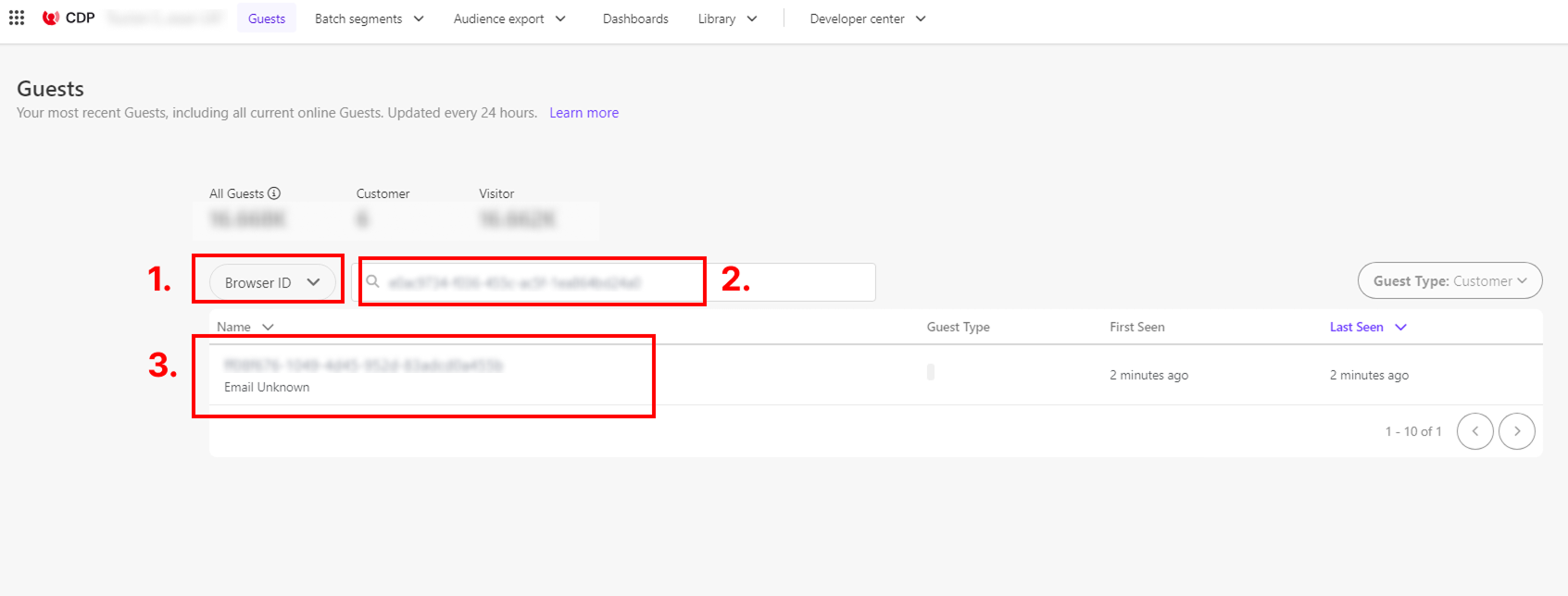 Sitecore CDP Guests screen with steps highlighted to filter by Browser ID, enter the ID, and view the matching guest profile