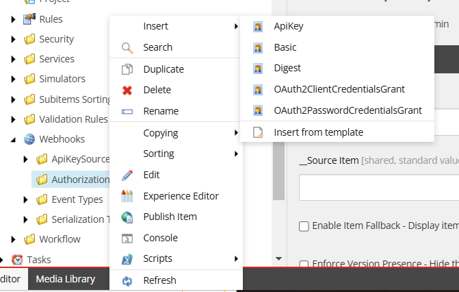 Screenshot of Sitecore Webhooks Authorization menu 