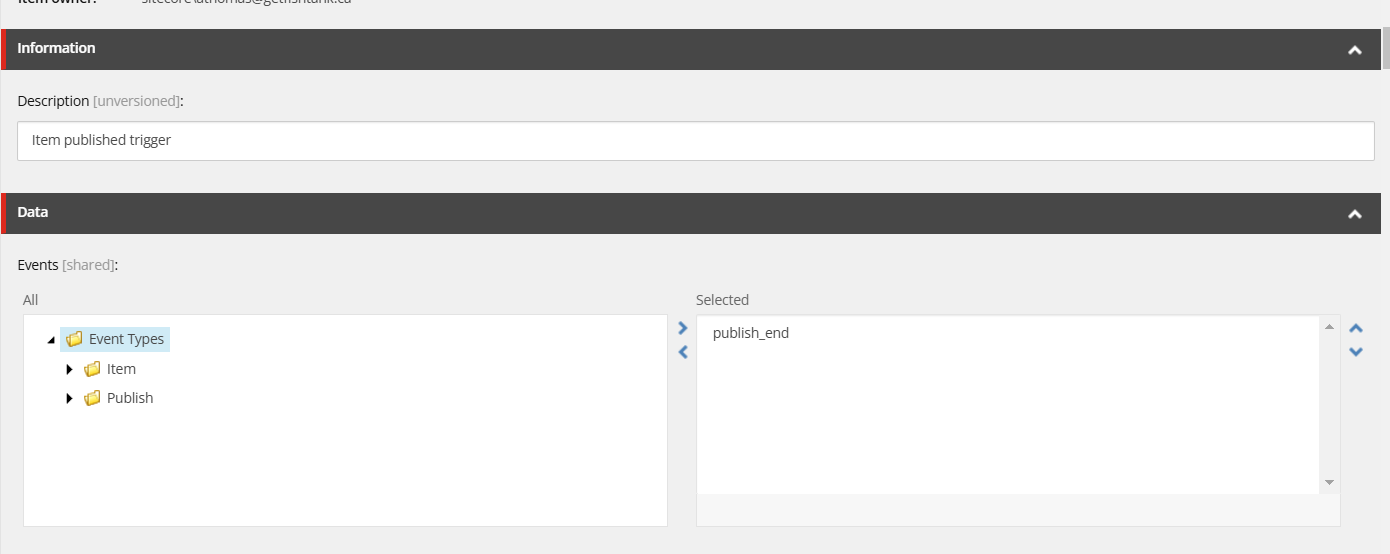 Screenshot of Sitecore webhook Event Types selected