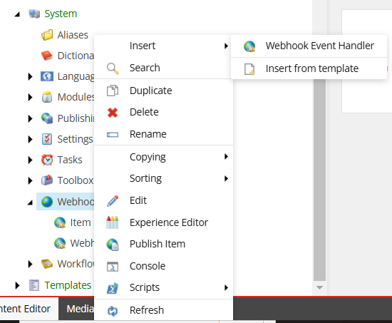 Screenshot of Webhooks in the Sitecore Content Editor