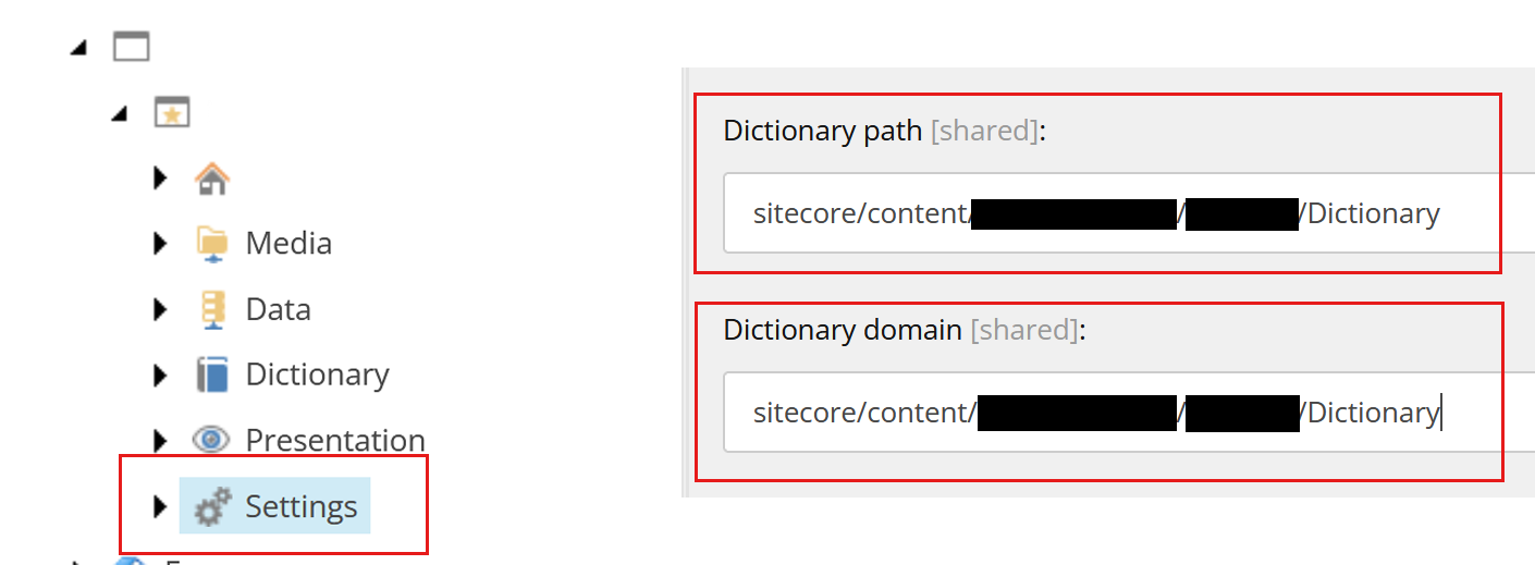 Dictionary path and domain settings under Sitecore Settings