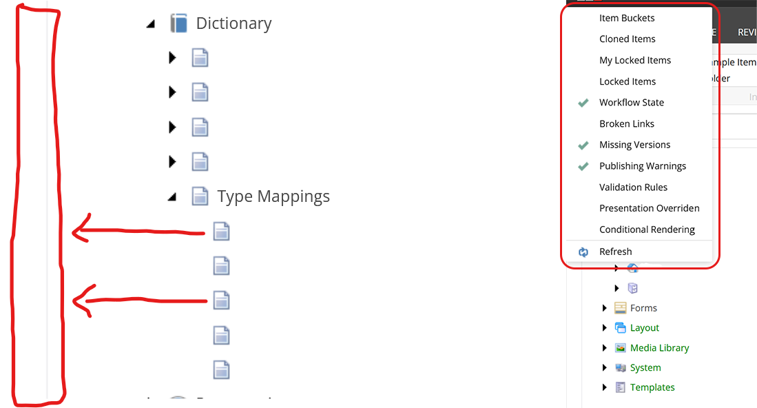 Sitecore gutter options and dictionary items with type mappings