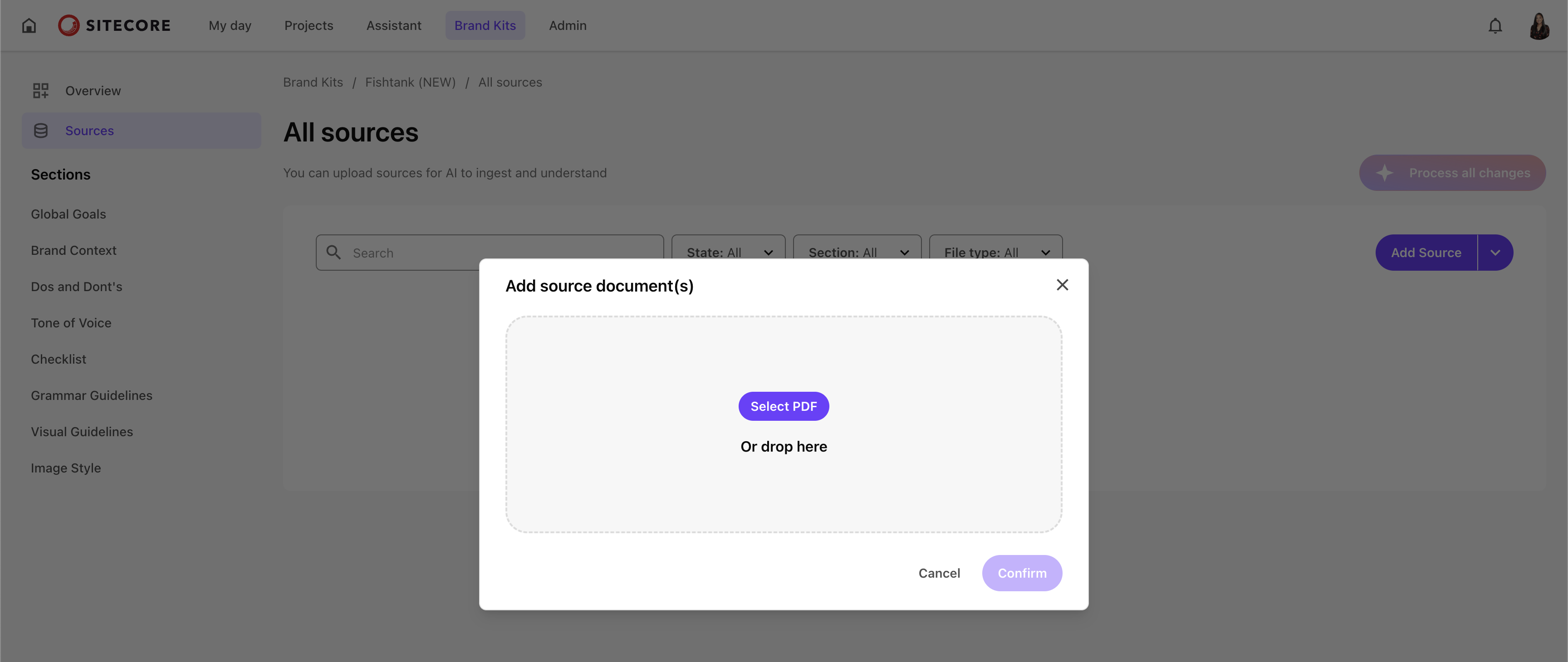 Modal window prompting user to select or drag a PDF file to upload as a source document in Sitecore Stream