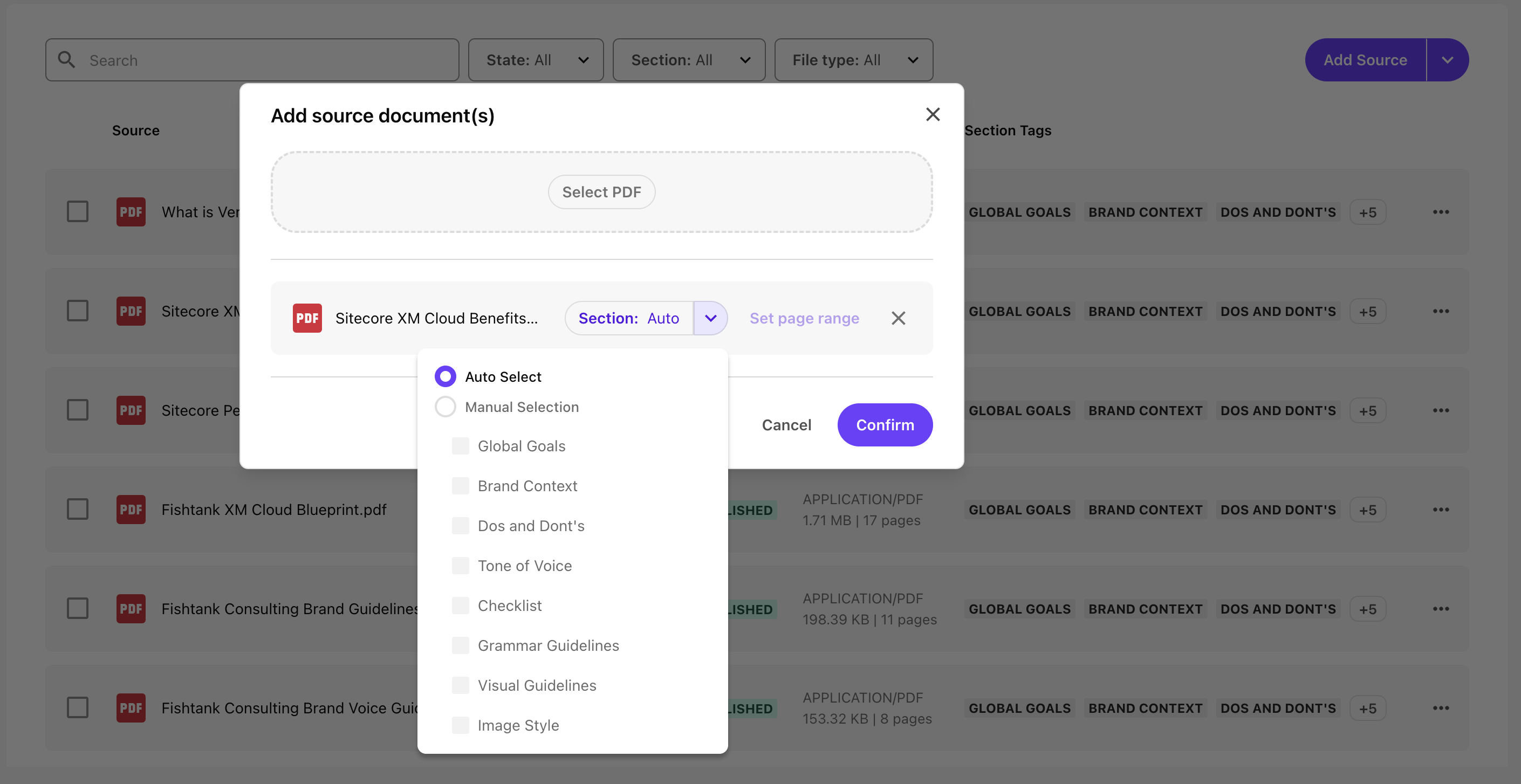 PDF selected with dropdown for section tagging in Sitecore Stream, including options like Brand Context and Tone of Voice