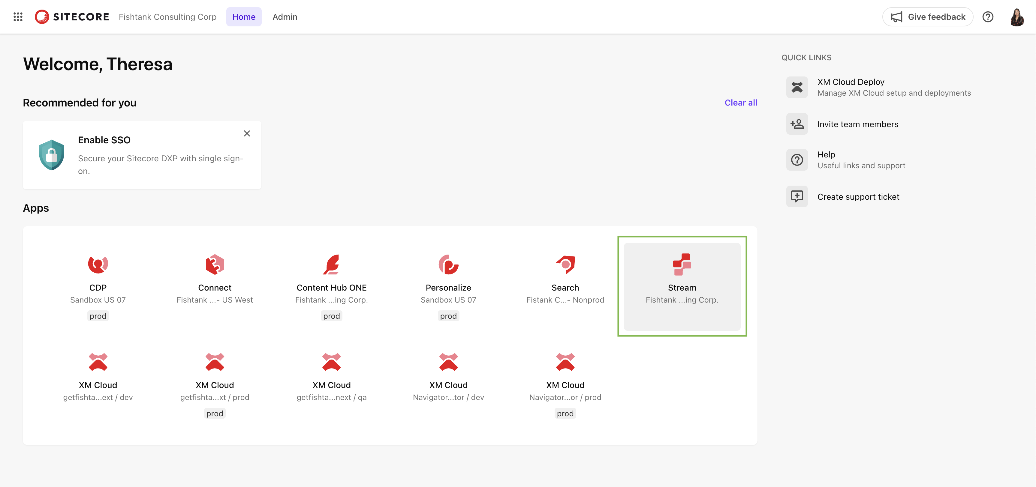 Sitecore Cloud Portal home screen showing apps like CDP, Personalize, and Stream under the Fishtank organization