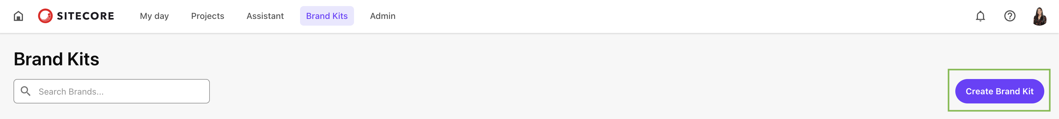 Top-right screen showing “Create Brand Kit” button in Sitecore Brand Kits dashboard