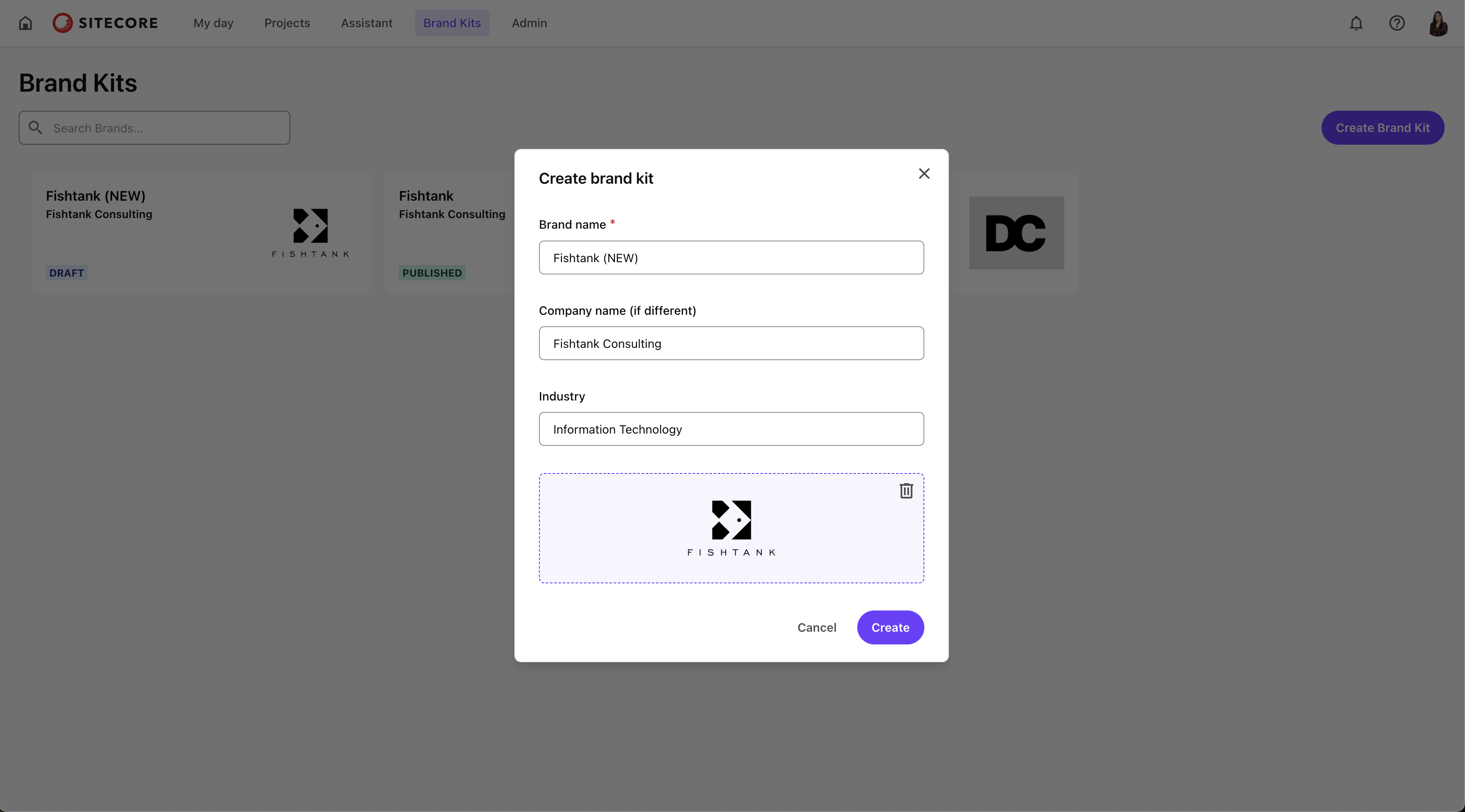 Pop-up form to create a new brand kit with fields for brand name, company name, and industry, and logo preview