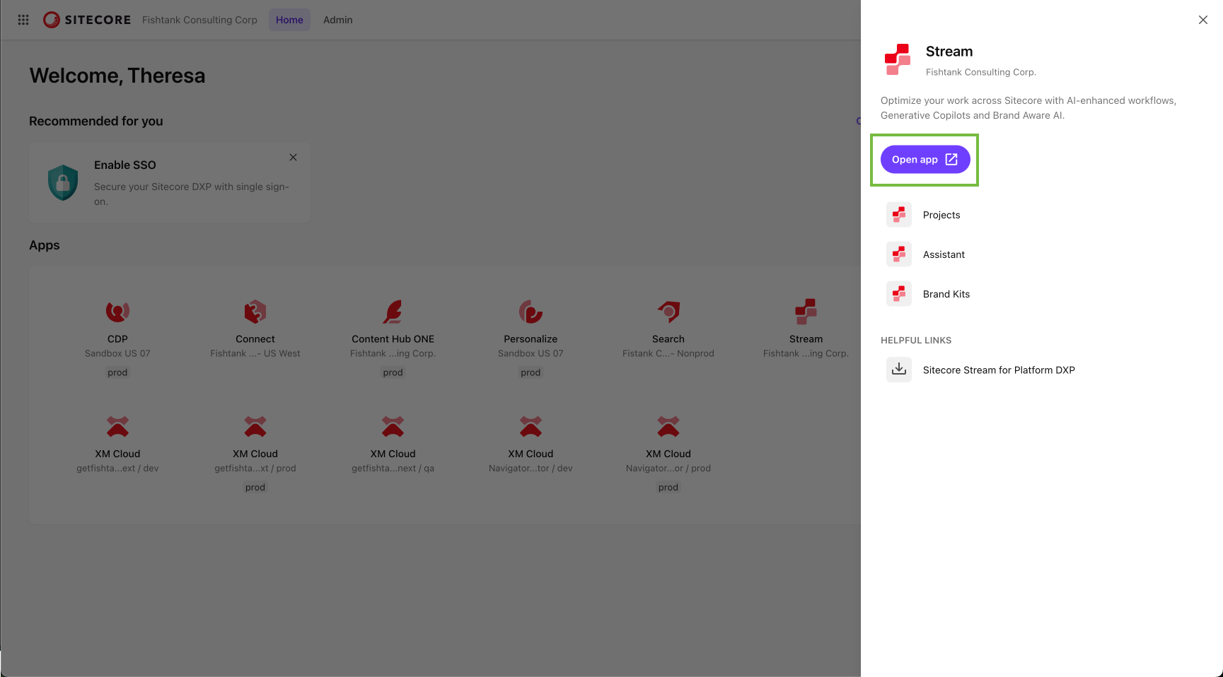 Expanded app view of Sitecore Stream in the portal, with description and button to open the app
