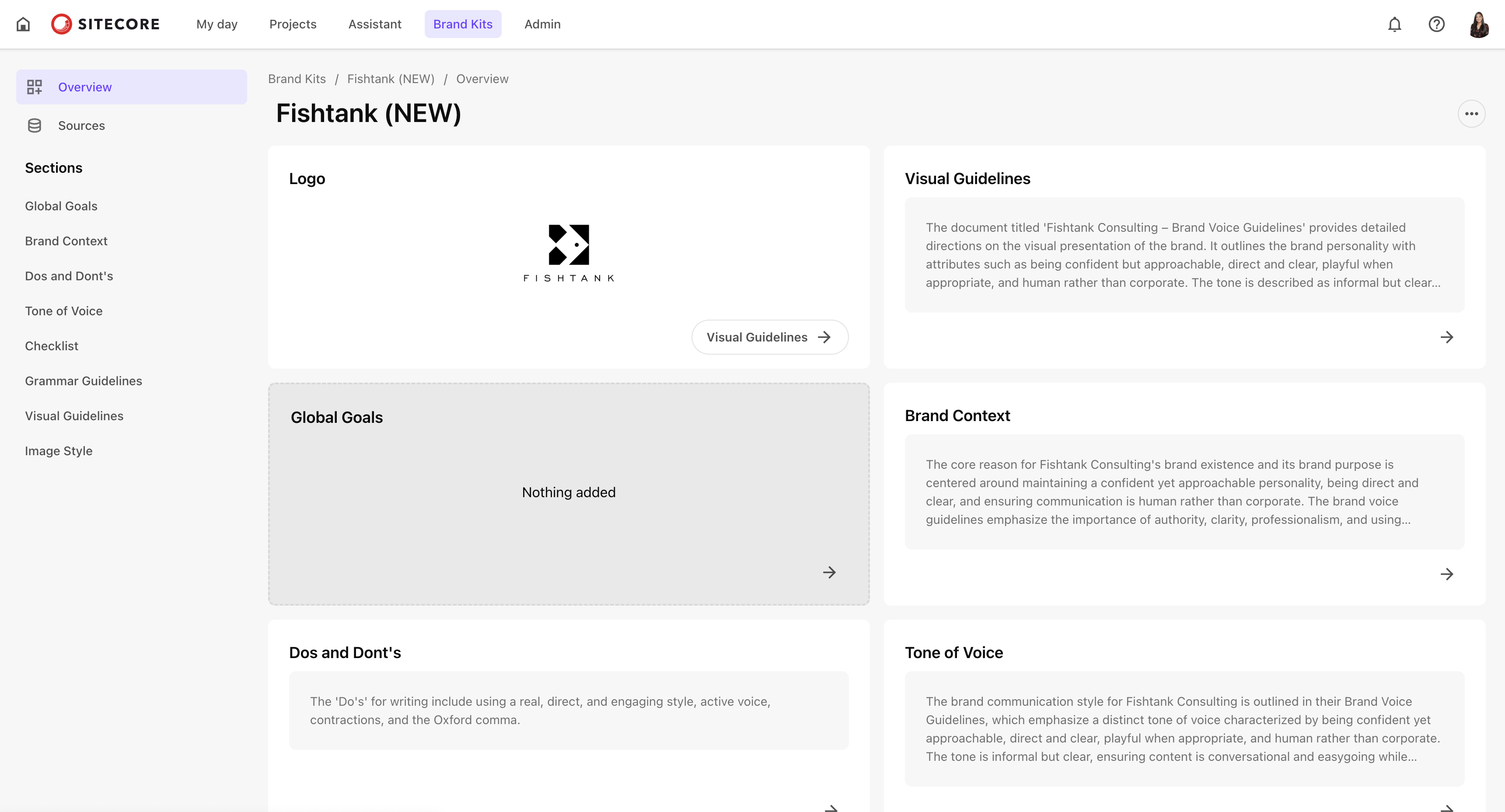 Overview dashboard of a Sitecore Brand Kit showing tiles for Visual Guidelines, Brand Context, and Tone of Voice