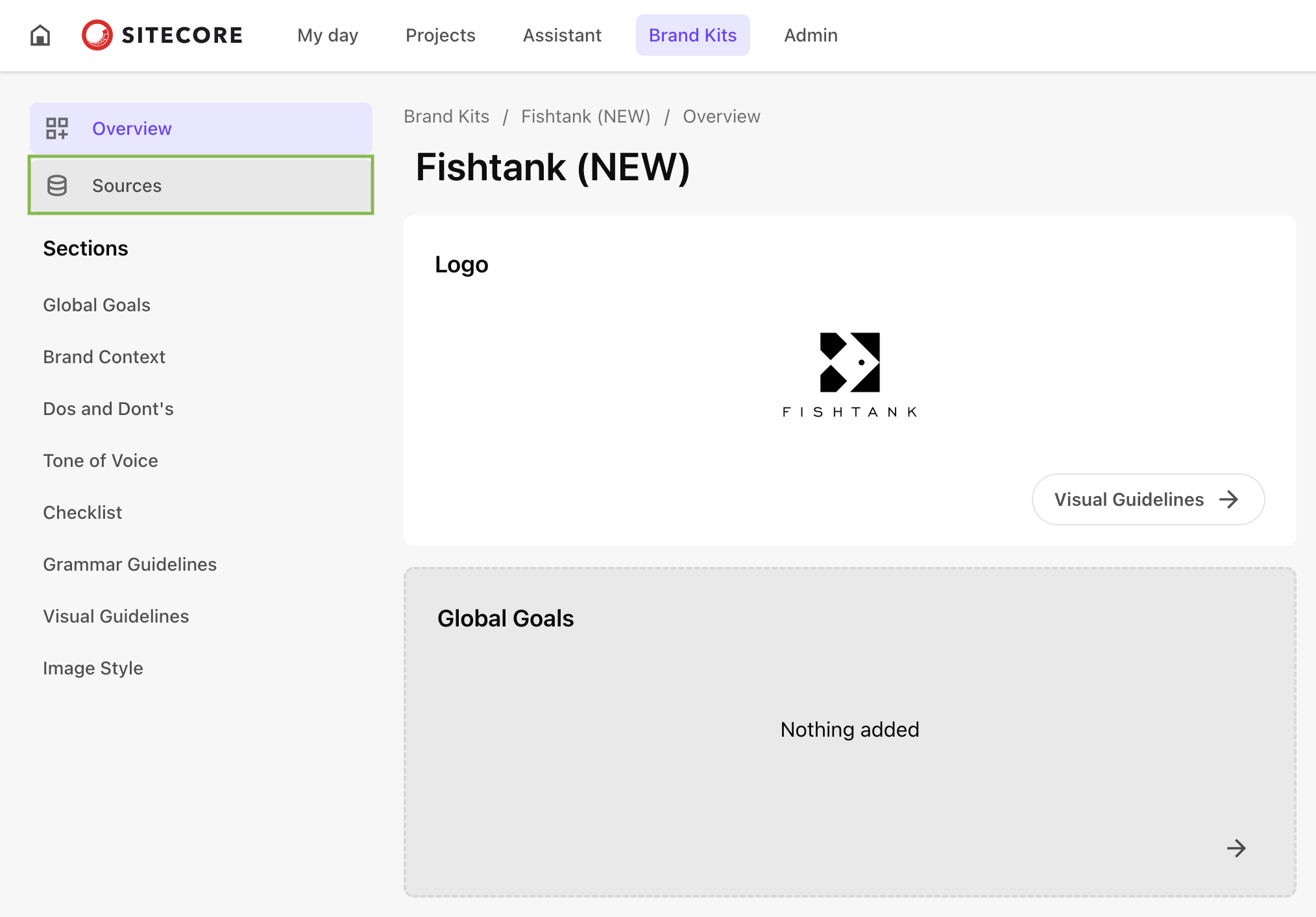 Sidebar navigation in Sitecore Brand Kit with sections like Grammar Guidelines and Image Style, and active “Sources” tab