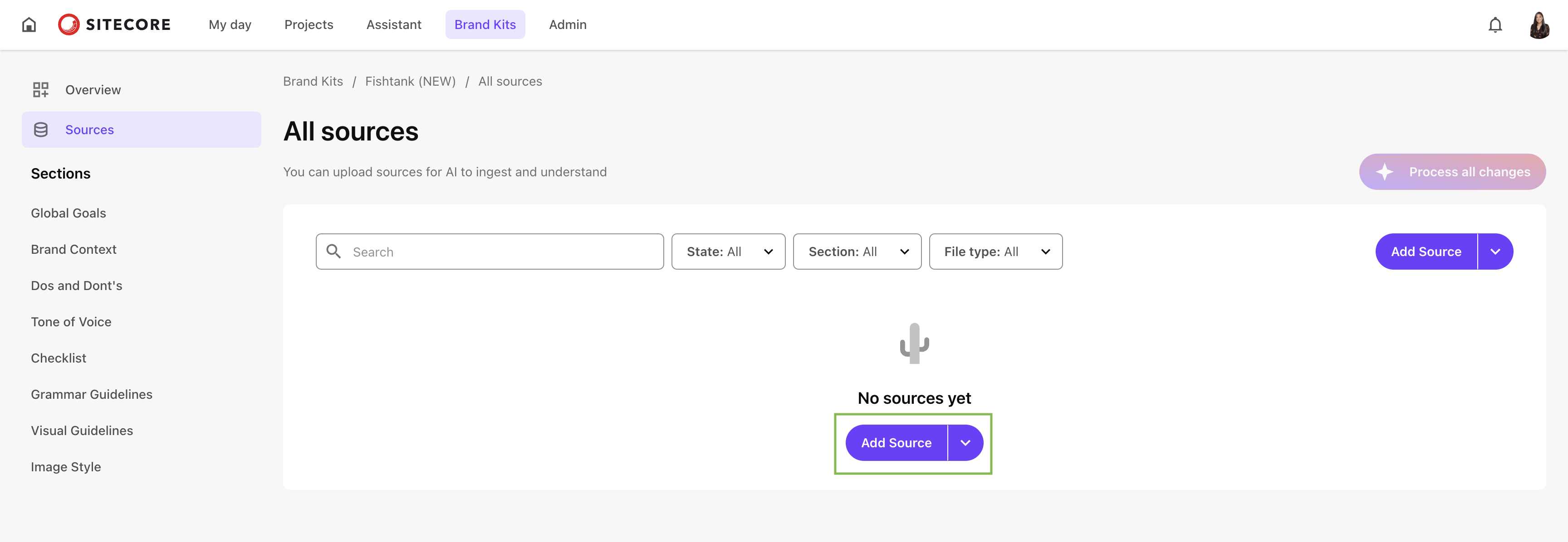 Sources dashboard with no files uploaded yet and a purple “Add Source” button displayed in Sitecore Stream