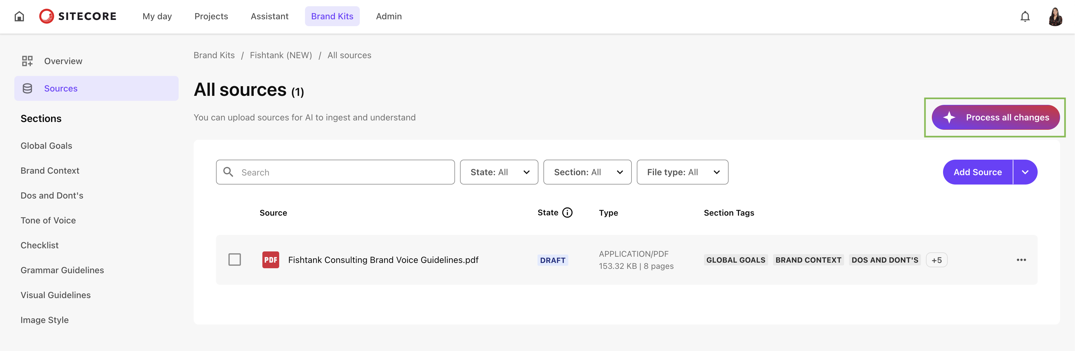 Sitecore Stream dashboard with a PDF source document uploaded and the “Process all changes” button highlighted