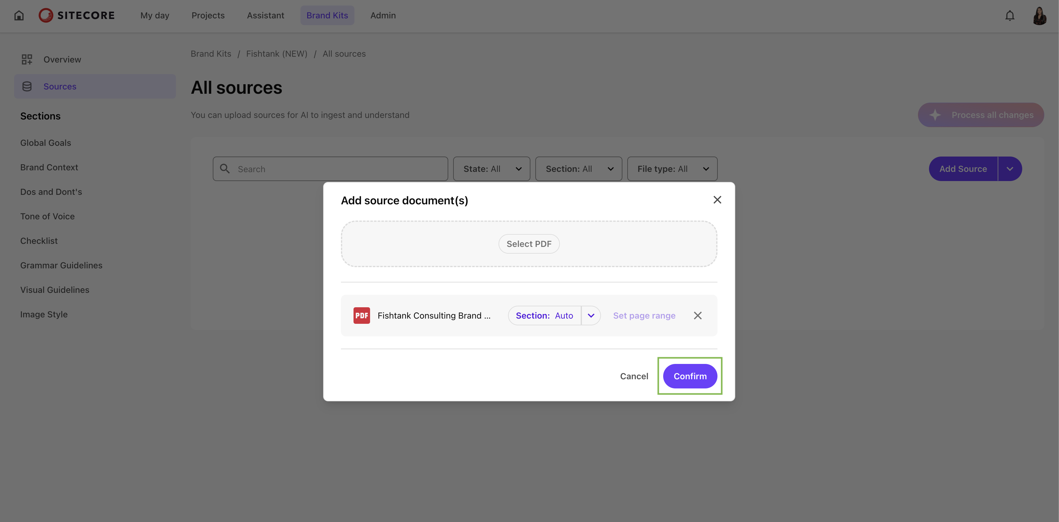 Modal window in Sitecore Stream showing a PDF selected for upload with the “Confirm” button highlighted