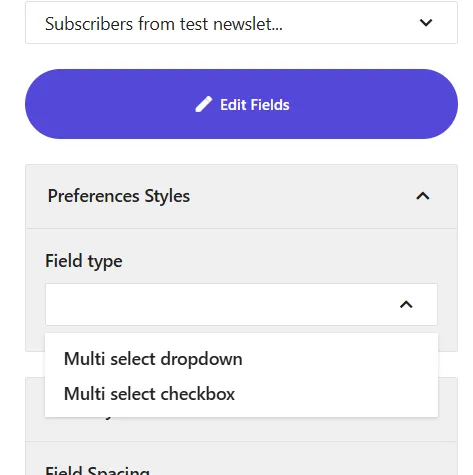 Field type dropdown with multi-select options