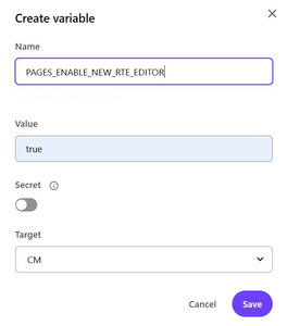 Dialog for creating a new variable in XM Cloud Deploy with value set to true for PAGES_ENABLE_NEW_RTE_EDITOR.