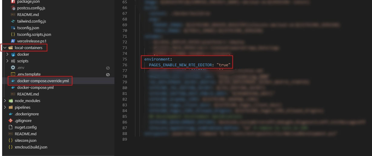 Docker override file with environment variable PAGES_ENABLE_NEW_RTE_EDITOR set to true.