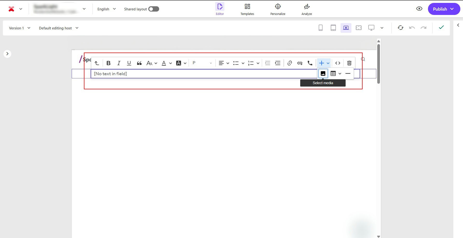 Sitecore Page Editor interface showing the new rich text editor layout with media options.