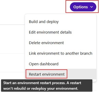 Options menu in XM Cloud Deploy highlighting the 'Restart environment' option.