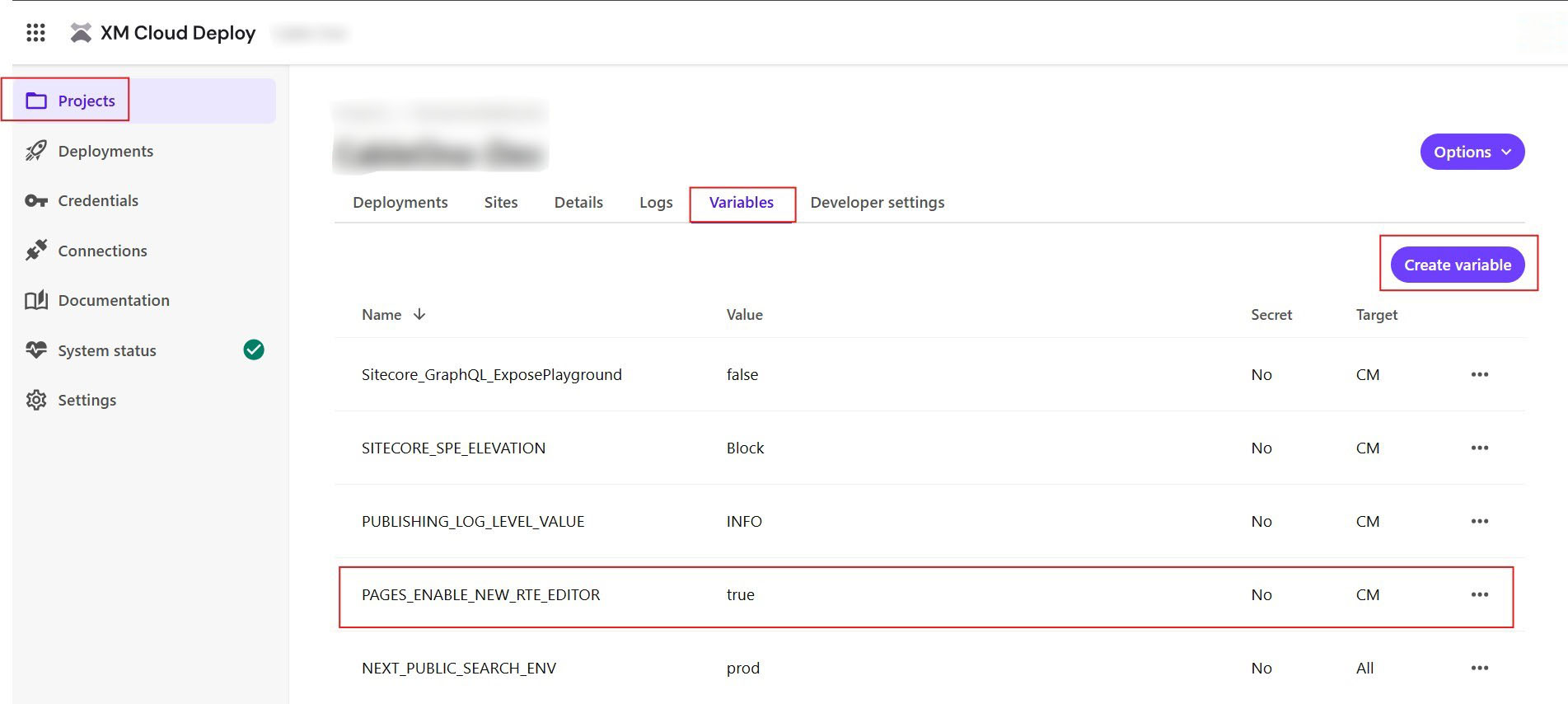 XM Cloud Deploy interface showing a list of environment variables including PAGES_ENABLE_NEW_RTE_EDITOR.